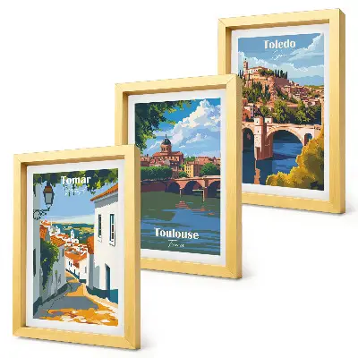Bilderset mit Rahmen grafische Darstellungen berühmter Städte im Retro-Stil
