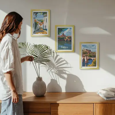 Bilderset mit Rahmen grafische Darstellungen berühmter Städte im Retro-Stil