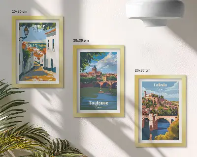 Bilderset mit Rahmen grafische Darstellungen berühmter Städte im Retro-Stil