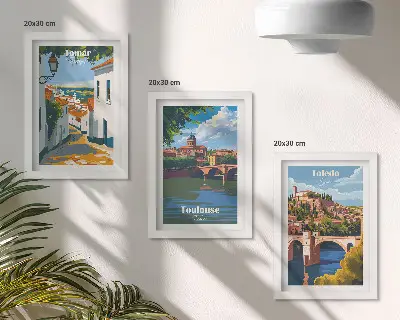Bilderset mit Rahmen grafische Darstellungen berühmter Städte im Retro-Stil