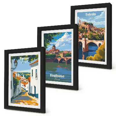 Bilderset mit Rahmen grafische Darstellungen berühmter Städte im Retro-Stil