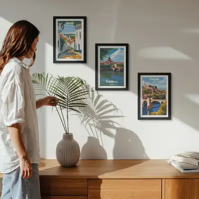 Bilderset mit Rahmen grafische Darstellungen berühmter Städte im Retro-Stil