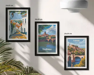 Bilderset mit Rahmen grafische Darstellungen berühmter Städte im Retro-Stil