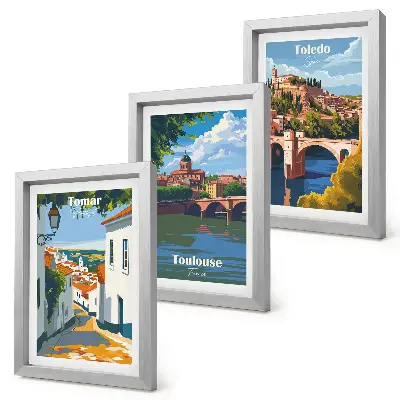 Bilderset mit Rahmen grafische Darstellungen berühmter Städte im Retro-Stil