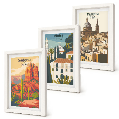 Bilderset mit rahmen Retro-Stadtansichten von Sedona, Sintra und Valletta