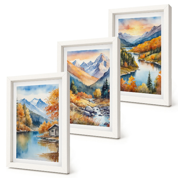 Bilderset mit rahmen Berglandschaft mit Fluss und Herbstbäumen