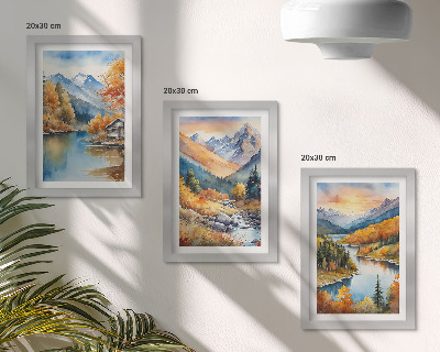 Bilderset mit rahmen Berglandschaft mit Fluss und Herbstbäumen