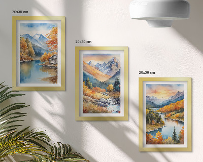 Bilderset mit rahmen Berglandschaft mit Fluss und Herbstbäumen