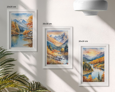Bilderset mit rahmen Berglandschaft mit Fluss und Herbstbäumen