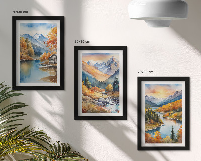 Bilderset mit rahmen Berglandschaft mit Fluss und Herbstbäumen