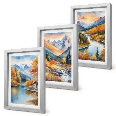 Bilderset mit rahmen Berglandschaft mit Fluss und Herbstbäumen