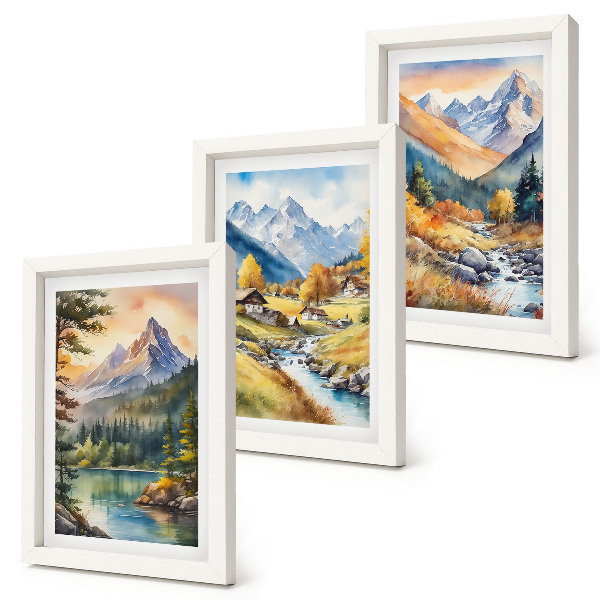 Bilderwand Eine Berglandschaft mit einem Fluss und Hütten in Herbstfarben