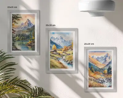Bilderwand Berglandschaft mit Fluss und Hütten in herbstlichen Farben