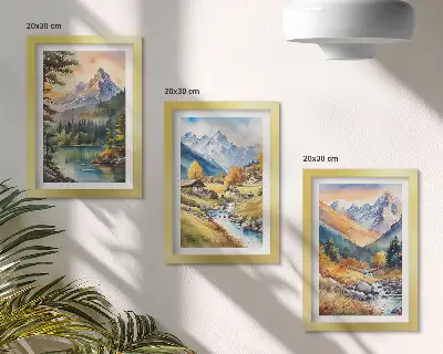 Bilderwand Berglandschaft mit Fluss und Hütten in herbstlichen Farben