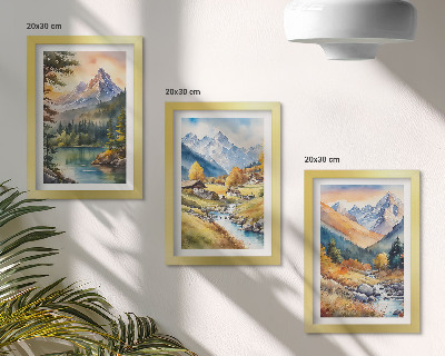 Bilderwand Eine Berglandschaft mit einem Fluss und Hütten in Herbstfarben