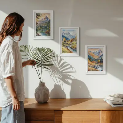 Bilderwand Berglandschaft mit Fluss und Hütten in herbstlichen Farben