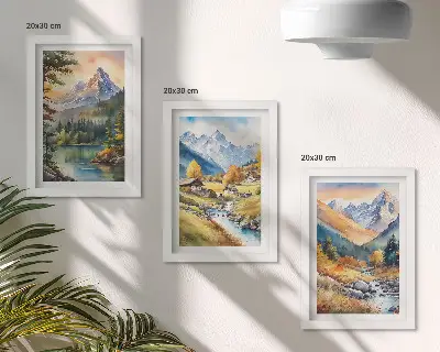 Bilderwand Berglandschaft mit Fluss und Hütten in herbstlichen Farben