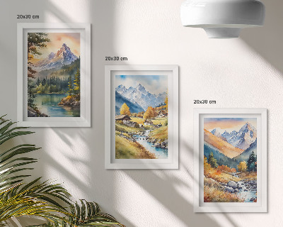 Bilderwand Eine Berglandschaft mit einem Fluss und Hütten in Herbstfarben