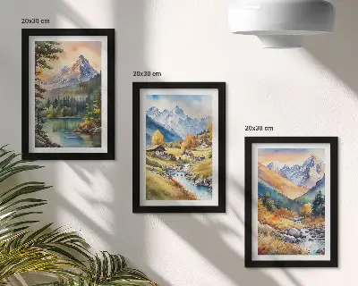 Bilderwand Berglandschaft mit Fluss und Hütten in herbstlichen Farben