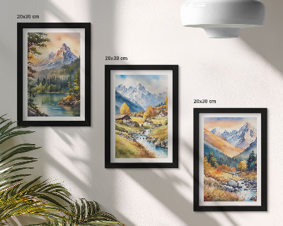 Bilderwand Eine Berglandschaft mit einem Fluss und Hütten in Herbstfarben