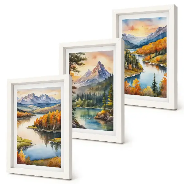 Bilderwand mit Berglandschaften, einem Fluss und farbenprächtigen Bäumen