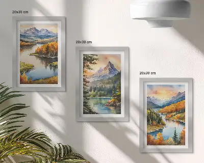 Bilderwand mit Berglandschaften, einem Fluss und farbenprächtigen Bäumen