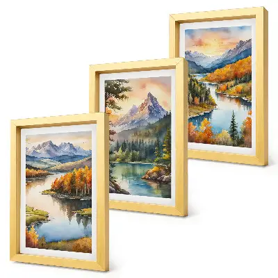Bilderwand mit Berglandschaften, einem Fluss und farbenprächtigen Bäumen