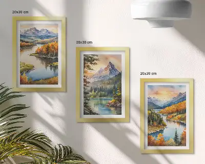 Bilderwand mit Berglandschaften, einem Fluss und farbenprächtigen Bäumen
