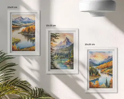 Bilderwand mit Berglandschaften, einem Fluss und farbenprächtigen Bäumen
