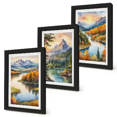 Bilderwand mit Berglandschaften, einem Fluss und farbenprächtigen Bäumen