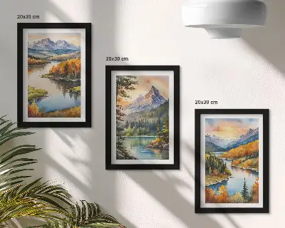 Bilderwand mit Berglandschaften, einem Fluss und farbenprächtigen Bäumen