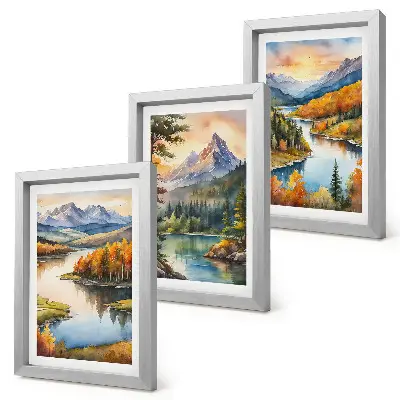 Bilderwand mit Berglandschaften, einem Fluss und farbenprächtigen Bäumen