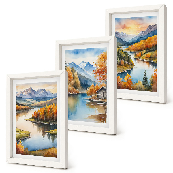 Bilderwand Herbstliche Berglandschaften mit einem Fluss und einem Ferienhaus am Wasser