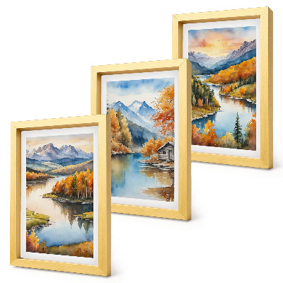 Bilderwand Herbstliche Berglandschaften mit einem Fluss und einem Ferienhaus am Wasser
