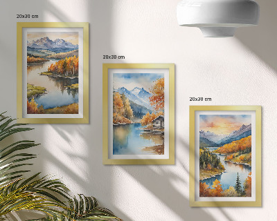 Bilderwand Herbstliche Berglandschaften mit einem Fluss und einem Ferienhaus am Wasser