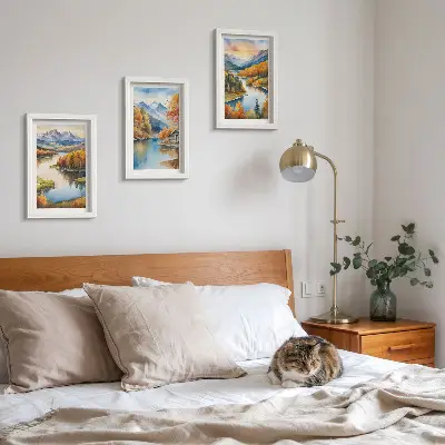 Bilderwand herbstliche Berglandschaft mit Fluss und Ferienhaus am Wasser