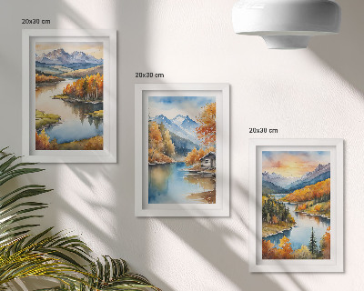 Bilderwand Herbstliche Berglandschaften mit einem Fluss und einem Ferienhaus am Wasser