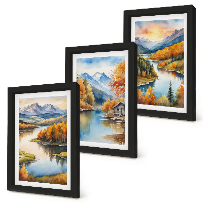 Bilderwand Herbstliche Berglandschaften mit einem Fluss und einem Ferienhaus am Wasser