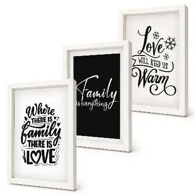 Bilderset mit Rahmen mit inspirierenden Zitaten über Familie, Liebe, Wärme und Zuhause