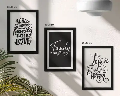 Bilderset mit Rahmen mit inspirierenden Zitaten über Familie, Liebe, Wärme und Zuhause