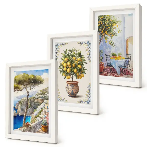 Bilderwand mit Meerblick, Zitronenbaum und Gartentisch