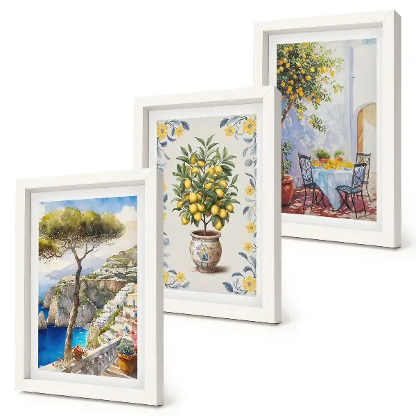Fototapete italienisches Gemälde mit Meerblick und Zitronenbäumen