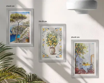 Fototapete italienisches Gemälde mit Meerblick und Zitronenbäumen