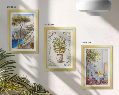 Fototapete italienisches Gemälde mit Meerblick und Zitronenbäumen