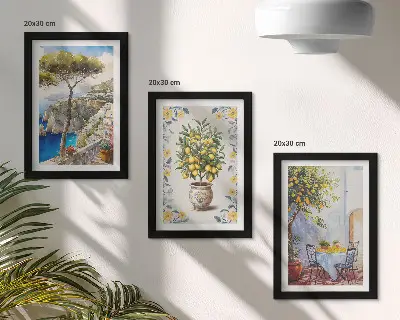 Fototapete italienisches Gemälde mit Meerblick und Zitronenbäumen