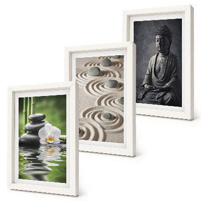 Bilderset mit rahmen Entspannender Blick auf Buddha, Steine ​​am Strand und Bambus