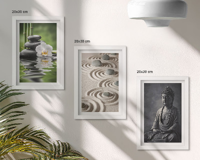 Bilderset mit rahmen Entspannender Blick auf Buddha, Steine ​​am Strand und Bambus