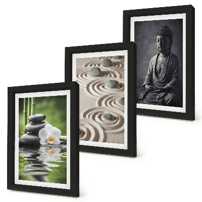 Bilderset mit rahmen Entspannender Blick auf Buddha, Steine ​​am Strand und Bambus