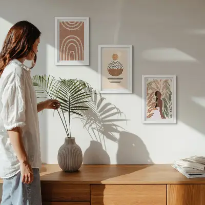 Fotowand mit stilvollen Mustern aus Pflanzenmotiven und geometrischen Formen