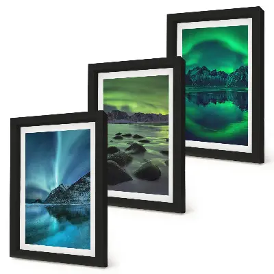 Bilderwand mit Winterlandschaft, Nordlichtern und Bergen